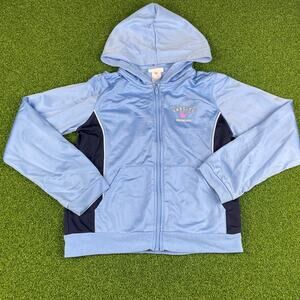 Y2K Genuine Girl Blue Varsity Full Zip Hooded Bomber Jacket Sz L (12/14)